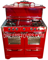 1952 O'Keefe & Merritt Antique Stove, Model- 850-G in Red Porcelain, with Black Knobs and Handles