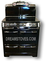 1953 O'Keefe & Merritt Vintage Stove, Model 425 in black exterior Porcelain, with Black Knobs and Handles Available from DreamStoves.com