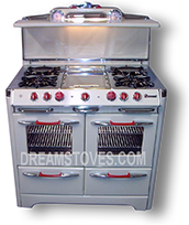 1952 O'Keefe & Merritt Antique Stove, Model 850-G in Butter-Cup Porcelain with Red Knobs and Handles