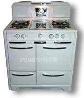 1948 36” wide Wedgewood “Low-Back” Range, in White exterior Porcelain, with White Knobs and Handles