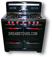 1954 O'Keefe & Merritt Antique Gas Stove, “Low-Back” Model- 500  in Black Porcelain, with red Knobs and Handles