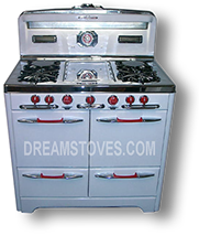 1953 O'Keefe & Merritt Antique Gas Stove, “Low-Back” Model- 500 in white Porcelain, with red Knobs and Handles Available from DreamStoves.com