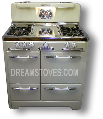 1953 O'Keefe & Merritt Antique Stove, Model 405 in yellow exterior Porcelain, with White Knobs and Handles Available from DreamStoves.com