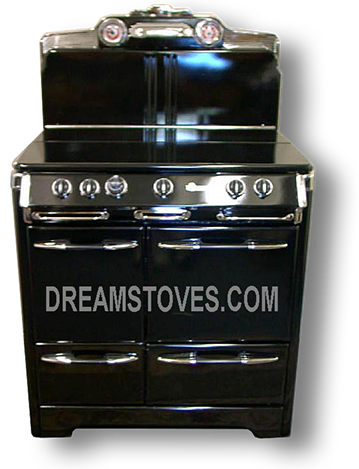 1953 O'Keefe & Merritt Vintage Stove, Model 425 in black exterior Porcelain, with Black Knobs and Handles Available from DreamStoves.com