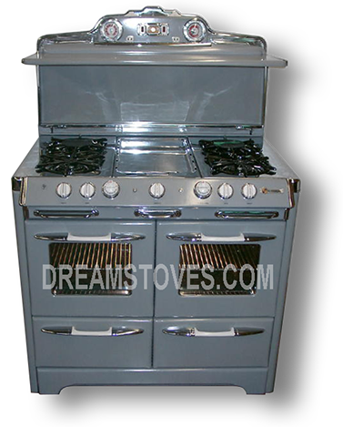 1953 O'Keefe & Merritt Antique Stove, Model- 850-G in Gun-Metal Gray Porcelain, with White Knobs and Handles Available from DreamStoves.com